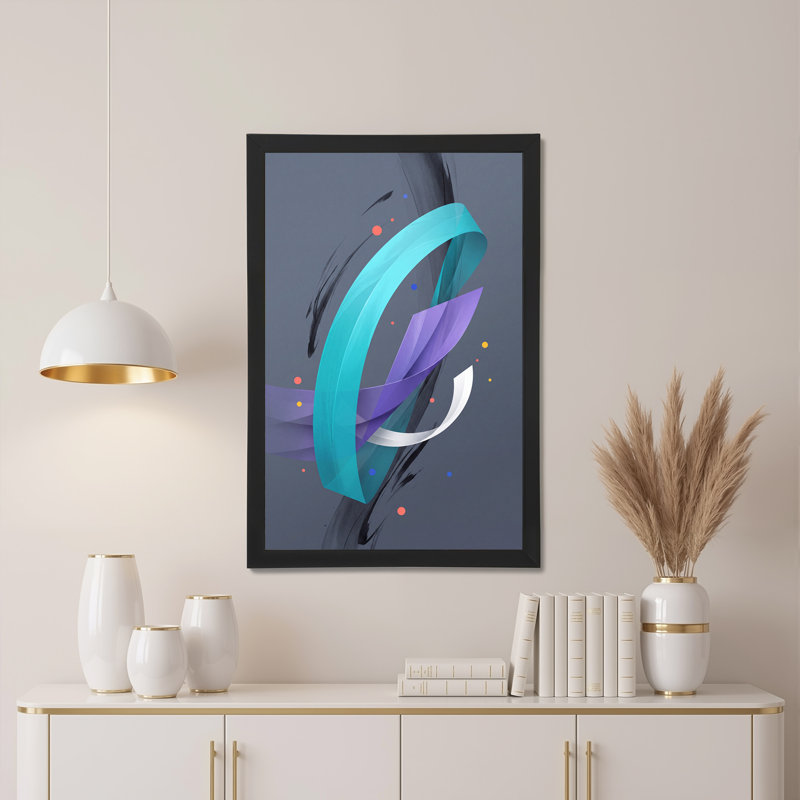 Toile abstraite bleu sarcelle et mauve, tourbillons de ruban sur toile grise, H 18 po x l 12 po