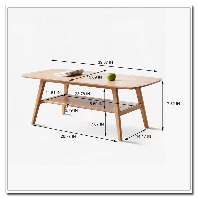 Rectangular Coffee Table with Solid Wood Top, 17.32" H x 39.37" L x 19.69" W, Oak