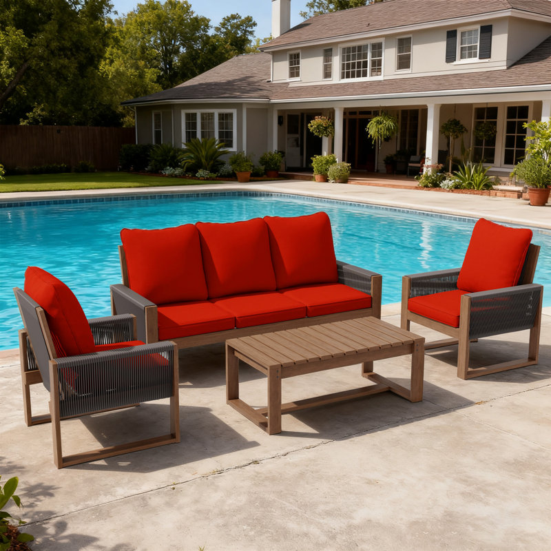 Patio Conversation Set ,4pcs Wooden Outdoor Furniture ,3-Seater Sofa with Coffee Table and 2 Armchairs ,Red Cushion/Beige Cushion.