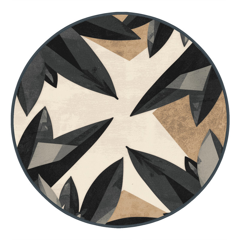 Machine Washable Ortencia Agave Modern Rustic Geometric Shapes Rug in Gray – Black Binding, 3' Round