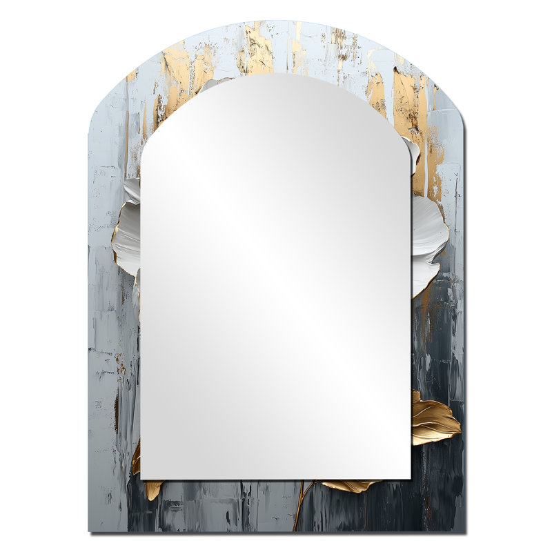 Gold Marble White Peony Flower IV - Peony Arch Decorative Mirror, Modern Asymmetrical Wall Mirror, Printed Metal Art