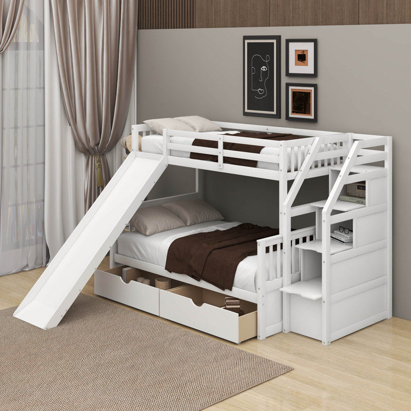 Lit simple superposé au dessus d'un lit double avec tiroirs et glissade, Blanc