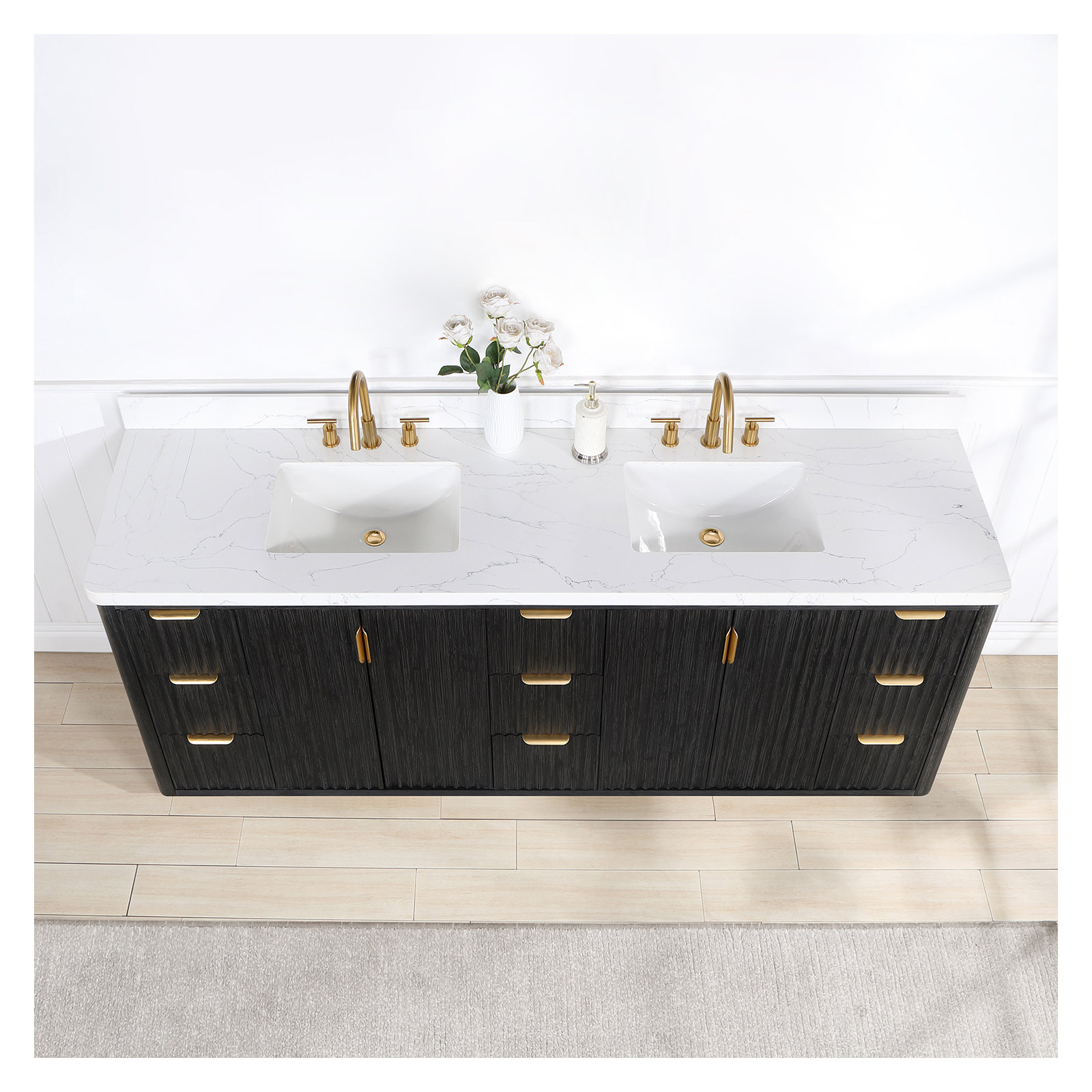 Adela 84'' Double Bathroom Vanity, Black, White, Gold