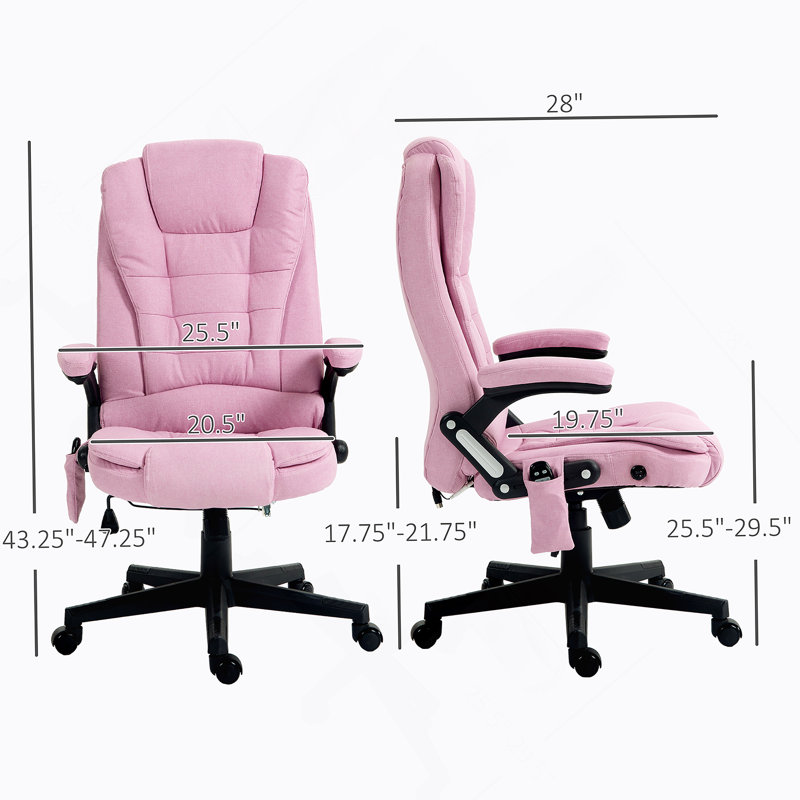 Fauteuil de bureau à 6 points de massage vibrant avec chaleur et dossier haut inclinable en lin avec dossier inclinable, accoudoirs rembourrés et télécommande, rose