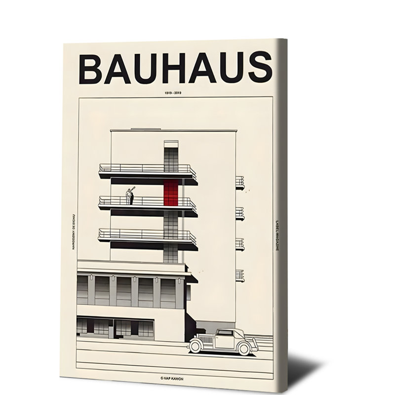 1 pièce, art mural encadré, art moderne 1919-2019 sur toile, conception minimaliste avec balcons et voiture classique, noir blanc rouge