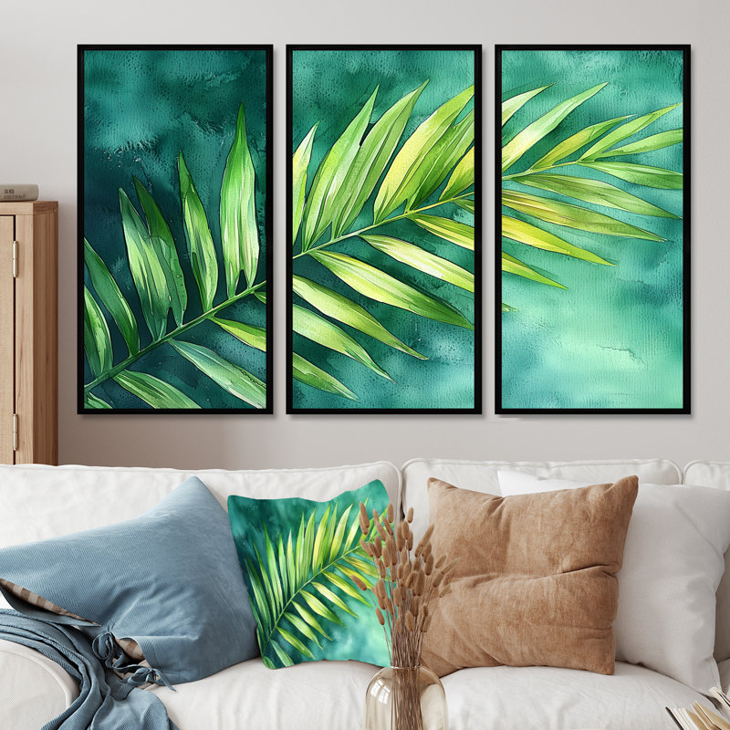 «Green Tropical Safari Palms IV», ensemble de 3 palmiers, H 28 po x l 36 po, Noir, Impression encadrée sans passe-partout