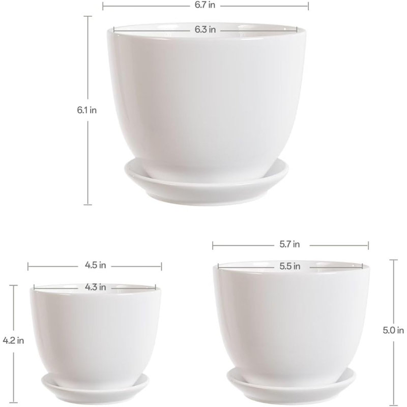 Ensemble de 3 pots à fleurs en céramique blanche avec soucoupes