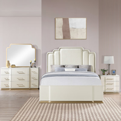 Ensemble de chambre avec très grand lit 5 pièces Lexington en beige avec lit tapissier, commode, miroir, table de chevet et commode