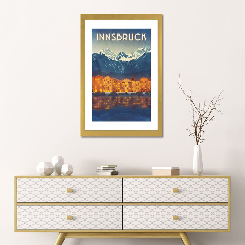 Impression d’art graphique « Austria-Innsbruck » par Missy Ames, H 24 po x l 16 po x P 1 po, Papier encadré doré, Blanc