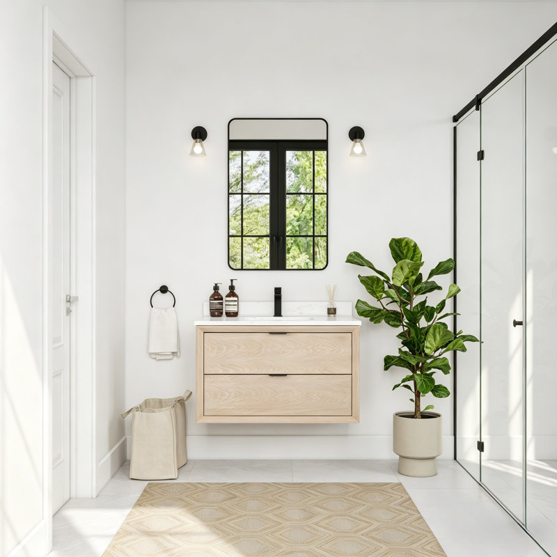 Meuble-lavabo flottant simple en chêne naturel 36 po avec plateau en marbre d'ingénierie, Chêne blanc délavé