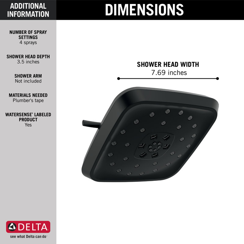 4-Setting Multi Function Fixed Shower Head with H2Okinetic Technology, Matte Black