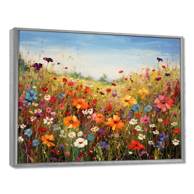 Fleurs colorées de prairies colorées I, reproduction d'art sur toile, H 24 po x l 32 po, Reproduction avec cadre flottant
