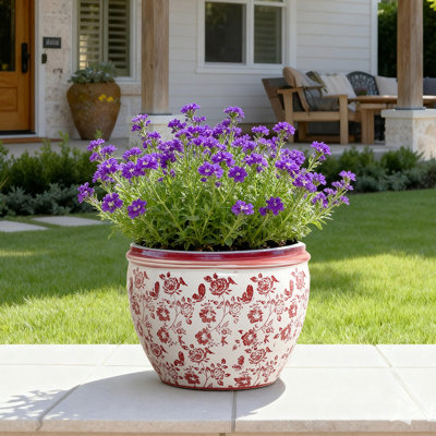 Pot à fleurs rond rouge et blanc de 12,2 po de diamètre, grand pot en céramique avec drainage