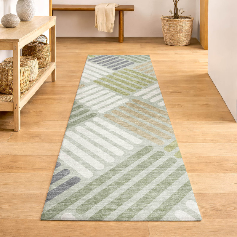 Premium Machine Washable Mayfield AMF2339 Geometric Rug, 2'3" x 7'6" Runner, Aloe