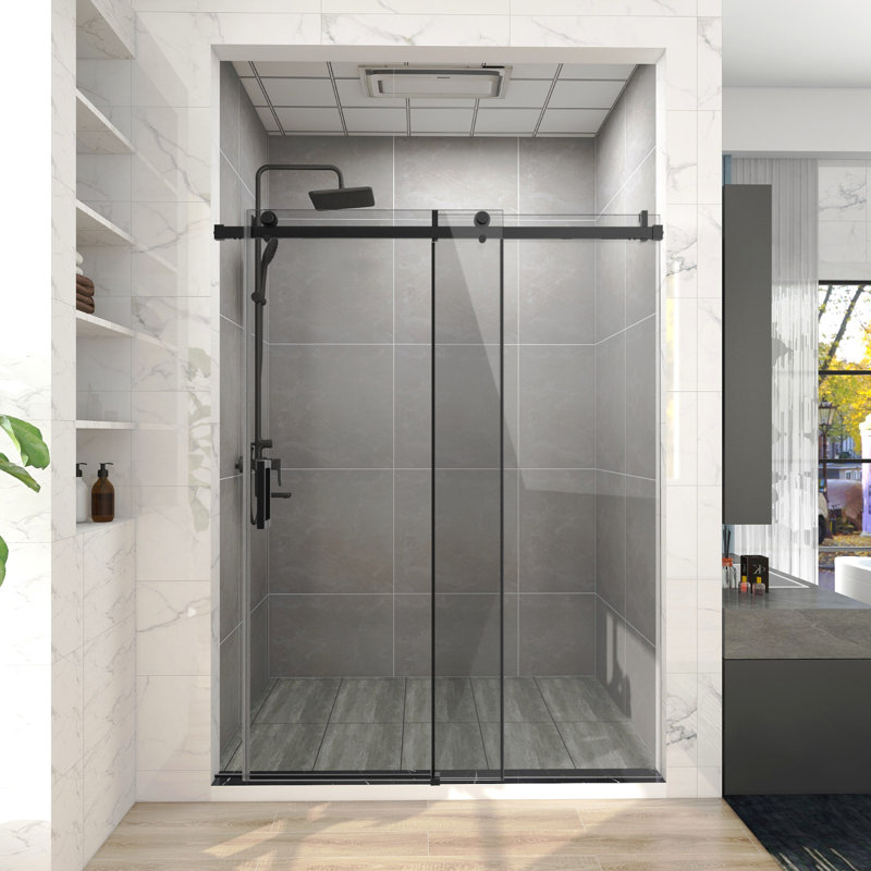 60 po X P 76 po H Porte de douche coulissante simple sans cadre au fini noir mat avec verre transparent, Noir mat