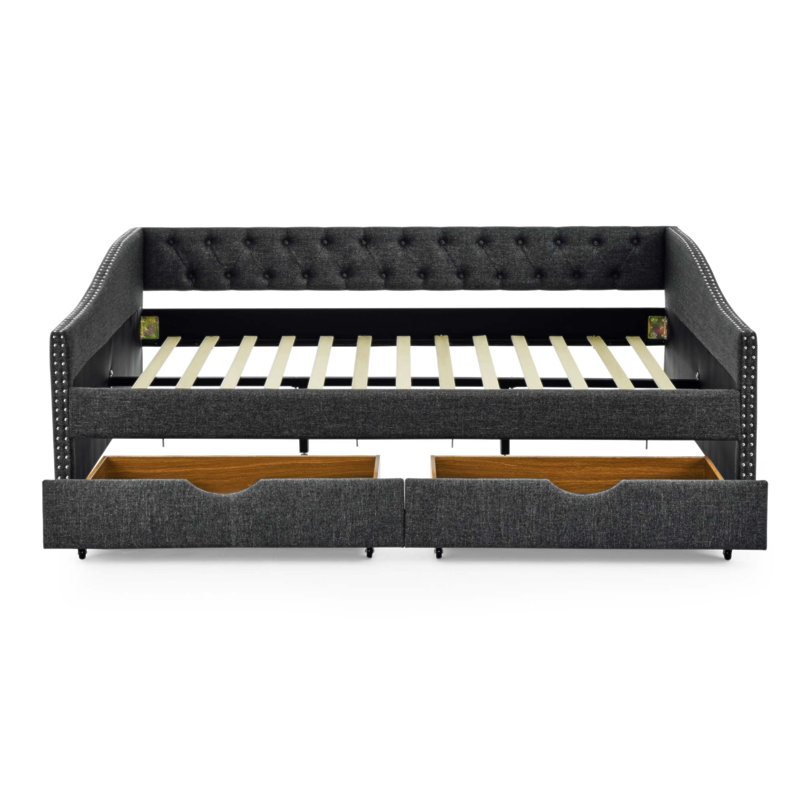 Grand lit de jour avec tiroirs, canapé-lit capitonné, conception élégante à boutons et clous en cuivre, solution de rangement peu encombrante