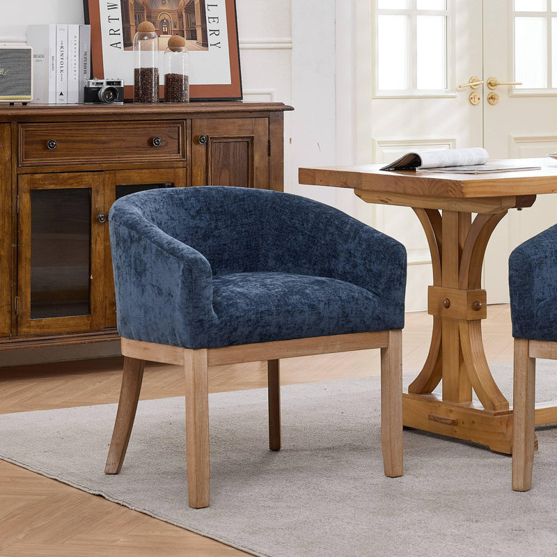 Chaises de salle à manger demi-tonneau rembourrées de style Mid-Century avec accoudoirs, chaises de cuisine en lin de style campagnard, chaise d'appoint à structure en bois franc naturel pour le salon (paquet simple)