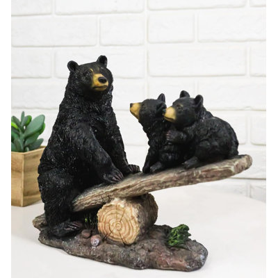 Rustic Forest Black Bear Mother And 2 Cubs Sitting On Tree Logs Seesaw Figurine