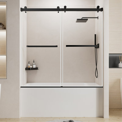56-60" W x 60" H Frameless Double Sliding Shower Door, Premium 1/4" (6mm) Thick Tempered Glass With Explosion-proof Film, Stainless Steel, Matte Black