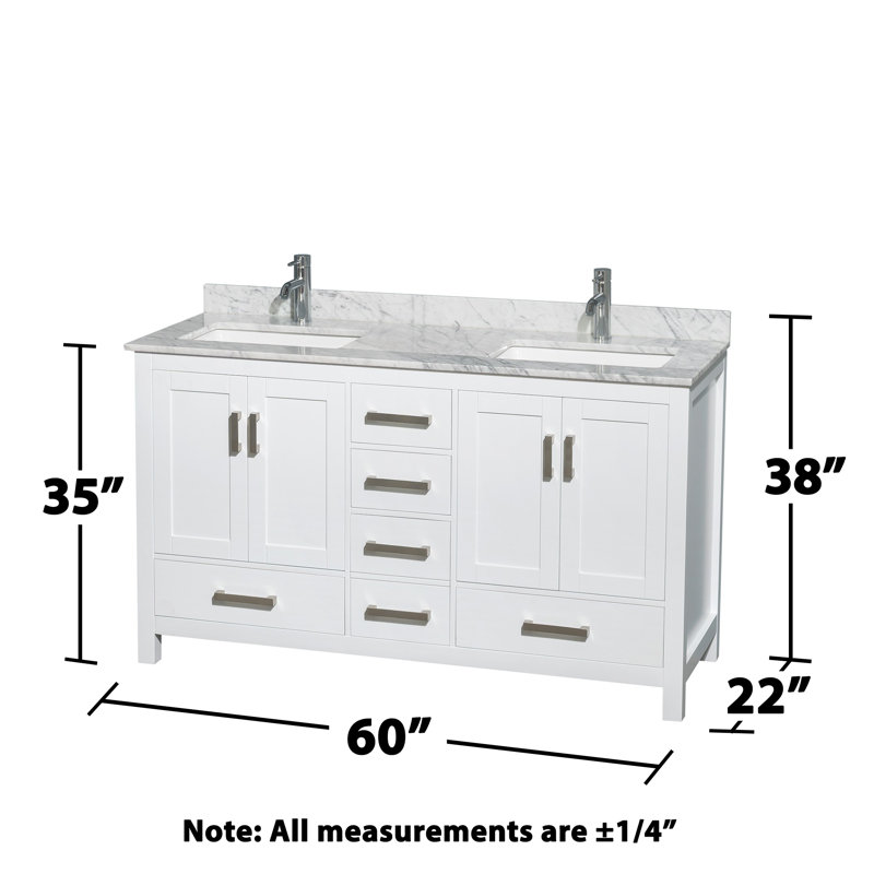 Sheffield 60" Freestanding Double Bathroom Vanity with Marble Top, White, White Carrara