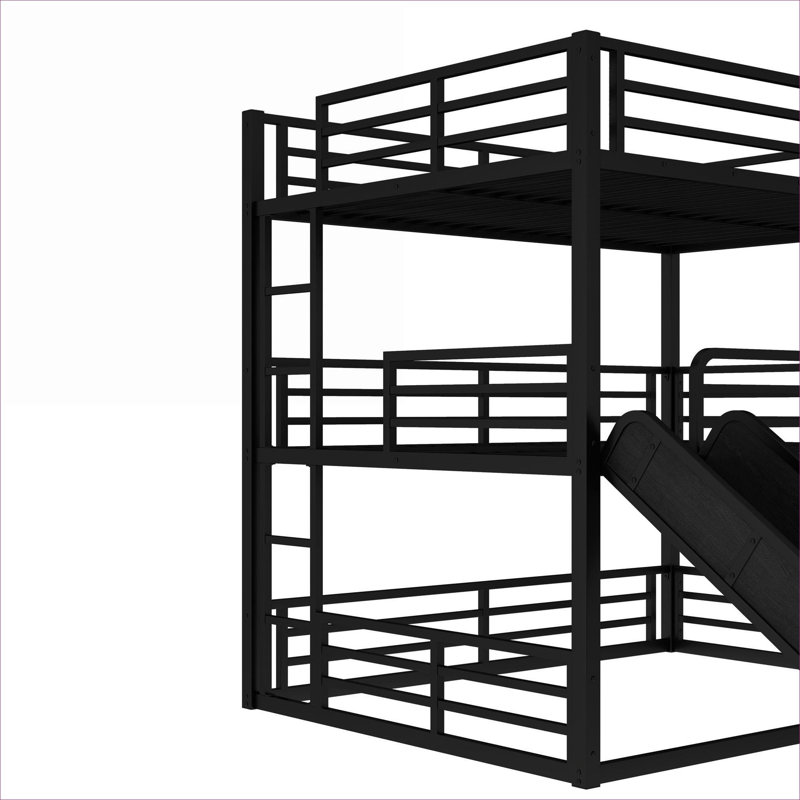 Élégant cadre de lit superposé en métal noir élégant, trois grands espaces de couchage avec glissières et garde-corps, peu encombrant pour les chambres d'enfants partagées et les espaces invités
