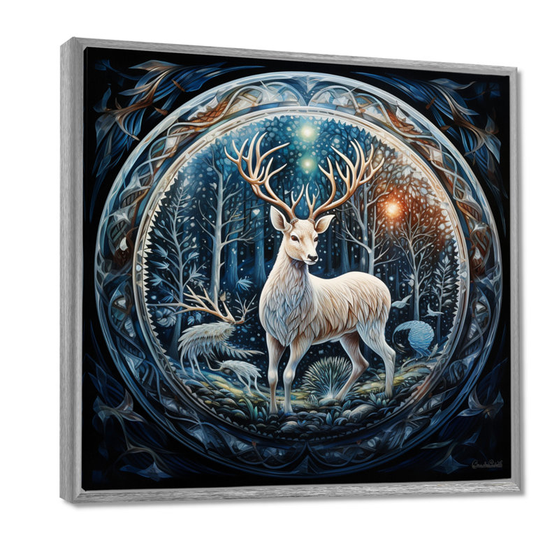 Cerf céleste avec des bois dans une forêt enchantée - art mural animal cerf, Toile avec cadre argenté