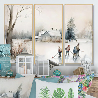 Enfants jouant au hockey en hiver II - ensemble d'art mural moderne sur toile
