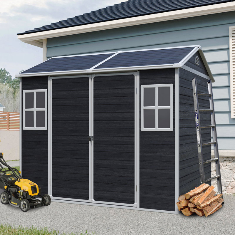 8Ft×6Ft Resin Outdoor Storage Shed, Waterproof Shed With Floor & Two Windows & Lockable Door, Tool Shed, Black