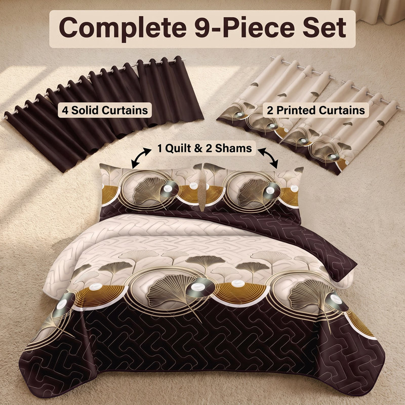 King Size Comforter Set 9 Pieces, All Season Luxury Bed in a Bag for Bedroom, With Matching Curtains, Soft Microfiber, Ginkgo Leaf