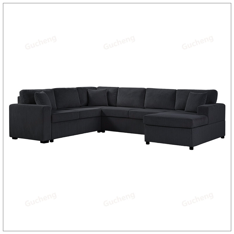 Très grand canapé modulaire en forme de U avec méridienne et coussins décoratifs moelleux pour un salon confortable, couleur claire
