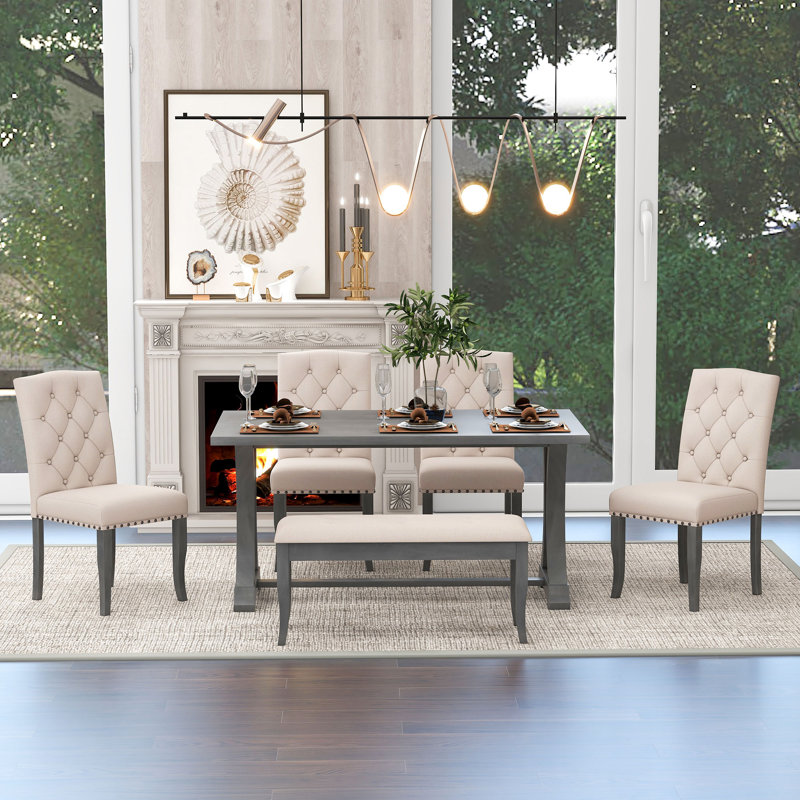 Shanequah 6-Piece Farmhouse Dining Table Set, Rectangular Trestle Table and 4 Upholstered Chairs & Bench for Dining Room,dining room set,dinning table set