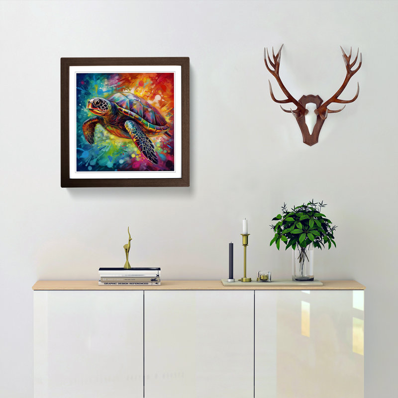 Sea Turtle Abstract - Single Picture Frame Print on Wood, Walnut