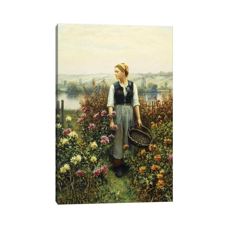 Girl With A Basket In A Garden by Daniel Ridgway Knight - Wrapped Canvas Gallery-Wrapped Canvas Giclée