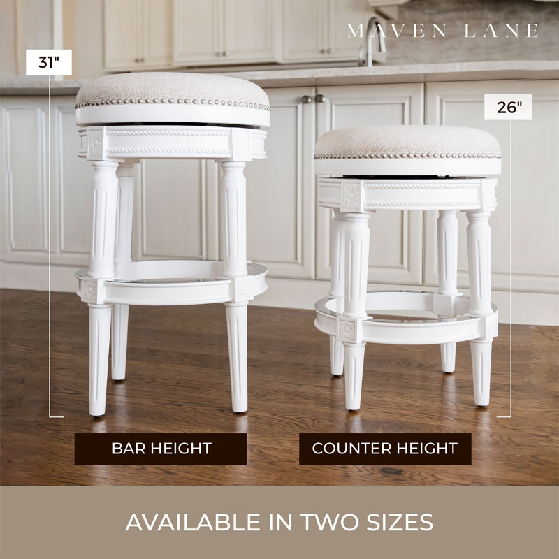 Alabaster White Swivel Backless Bar Stool with Hand-Carved Wood