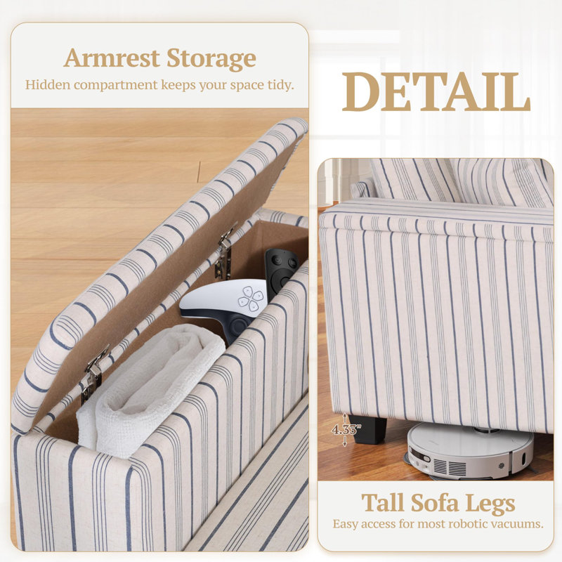 97" Vintage Stripe 5-Seat Sectional Sofa with Upholstered Storage Armrests and Throw Pillows