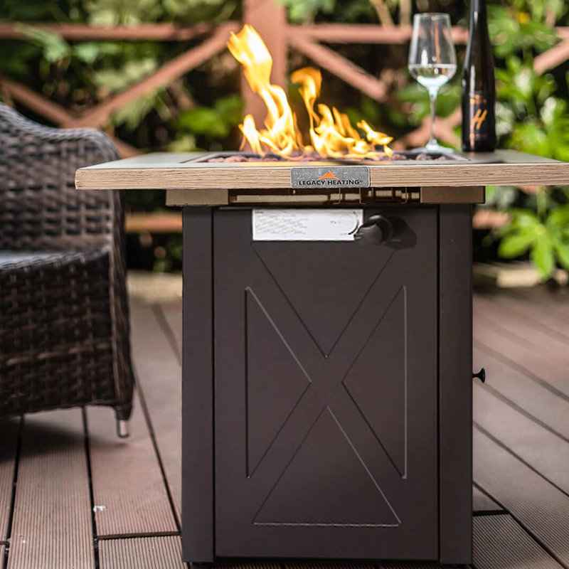 28Inch Outdoor Gas Fire Pit Table 48000 , Square Propane Patio . Bionic Wood Grain Lid. Great For Backyard, Garden, Party, Deck, Courtyard. Brown Steel. 27.19 In. Depth & Width, 23.68 Height, 63.41