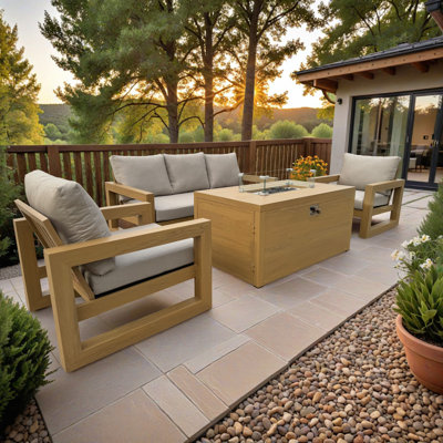 Milano 4-Piece Brown Wood-look Aluminum Outdoor Set with a Fire Pit Table a Three-Seat Sofa 2 Lounge Chairs and Cast Ash Cushions
