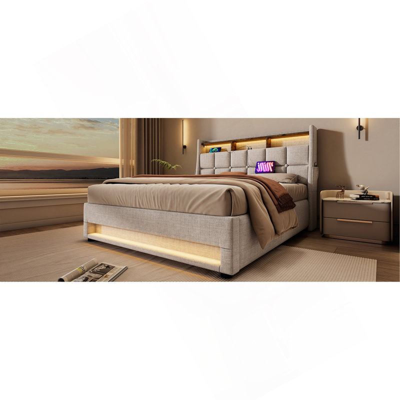 Grand lit plateforme tapissier avec système de rangement hydraulique, charge DEL et USB, naturel (sans matelas), Beige