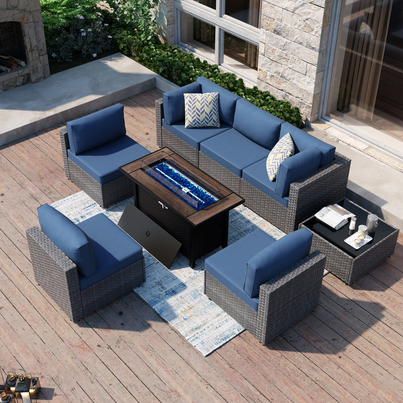  Emanie 6 - Person Outdoor Rattan Patio Set with Fire Pit Table, Silver, Navy Blue