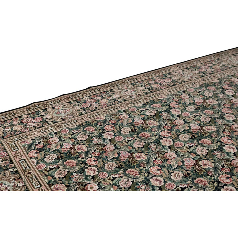 Tapis noir / vert / beige noué à la main de haute qualité