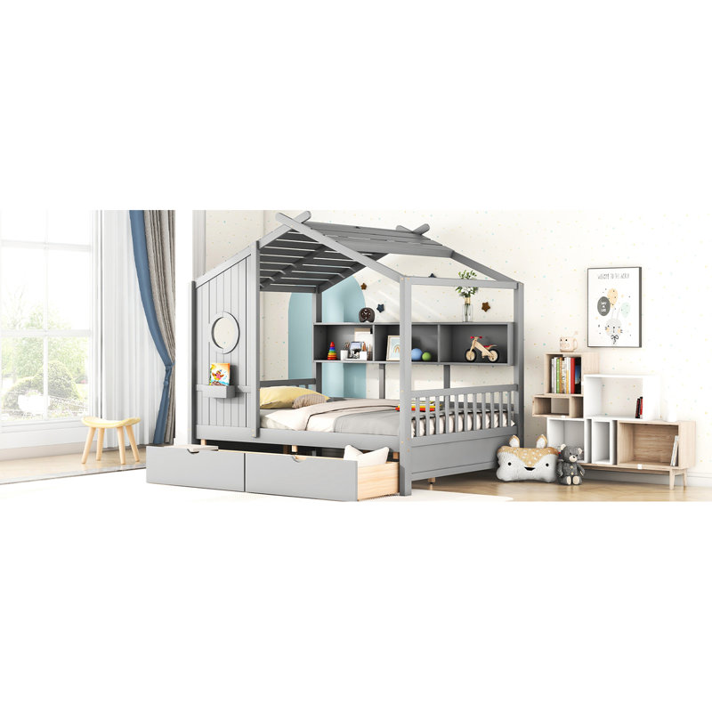 Lit double en bois pleine grandeur de couleur grise, 2 tiroirs de rangement et tablette arrière pour les accessoires, espace de jeu, lit, tiroirs, broches, espace détente