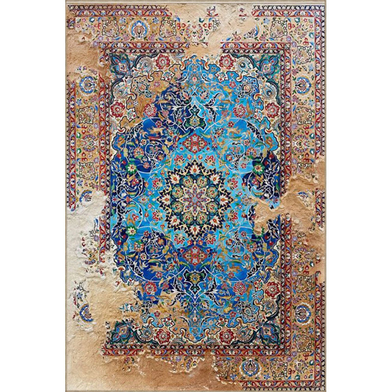 Blue Embroidered Traditional Modern Patterned Woven Base And Decorative Washable Carpet, Rectangle 2'4" x 4'