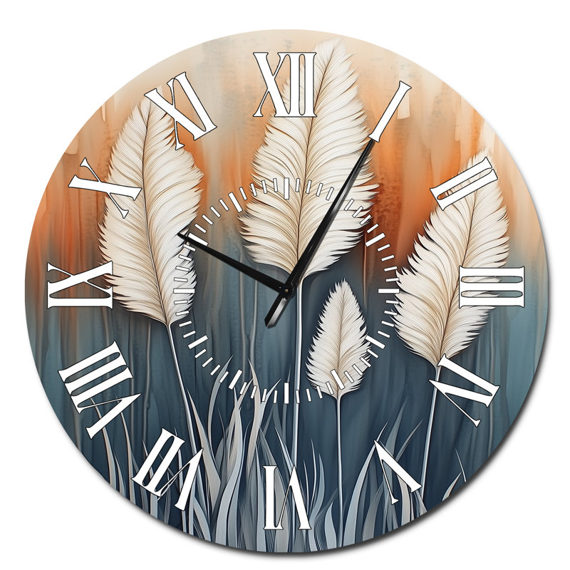 Pampas dessinée à l'encre I - Horloge murale ronde en métal bohème silencieuse, Surdimensionné
