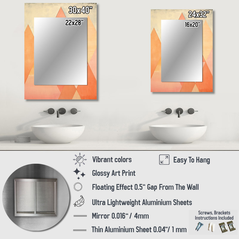 Peachy Pyramids Shapes - Abstract Shapes Decorative Mirror, Peach Large Wall Mirror, Printed Metal Art, 40" x 30"