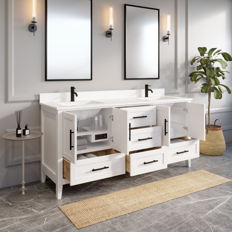 Anand 72'' Double Bathroom Vanity with Quartz Top, White