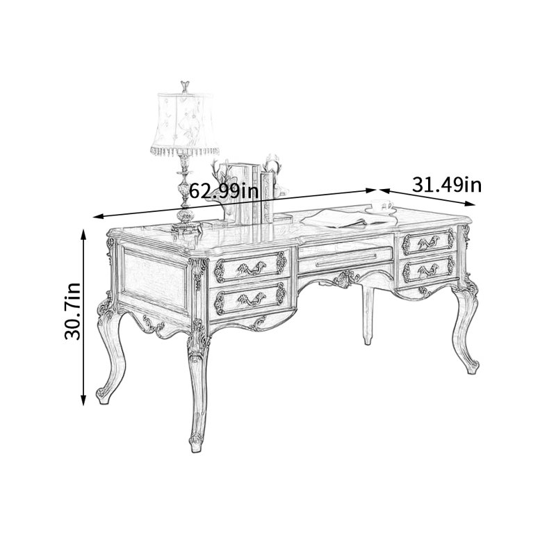 Bureau d'ordinateur brun foncé rétro, H 30,7 po x l 62,99 po x P 31,49 po