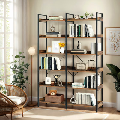 Bibliothèque 67 po à 6 tablettes ouvertes, structure en métal autoportante, chambre à coucher, salon, rangement de bureau, design brun et noir, protections de bordure, tablettes à cadre antirouille, bureau, noir, facile à nettoyer