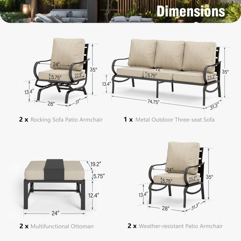 Tapasi 9 - Person Patio Conversation Set with Rocking Lounge Chairs & Optional Firepit Table, Beige, No