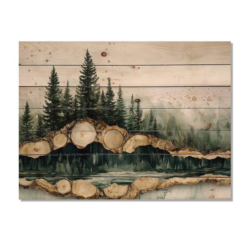 Pin émeraude sur glissade d'arbre en bois I - Décoration murale bois de forêt - sur bois de pin naturel