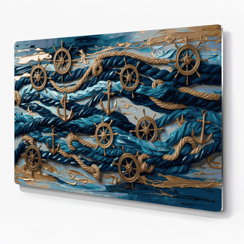 Art mural en métal gris, éléments nautiques simplifiés, H 8 po x l 10 po